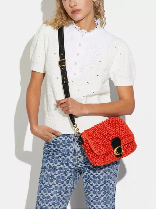 Coach Straw Soft Tabby Shoulder Crossbody Bag Red Orange Black Brass Woven CA032 - Picture 16 of 16